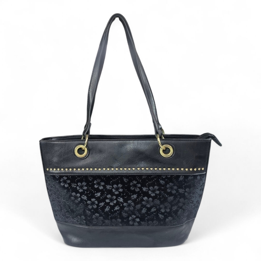 Nicole Miller Black Floral Velvet Shoulder Bag Purse